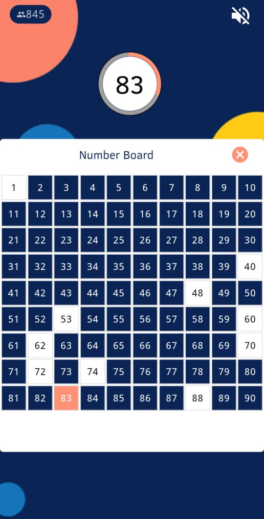 App Screenshot of the numberboard in a live game